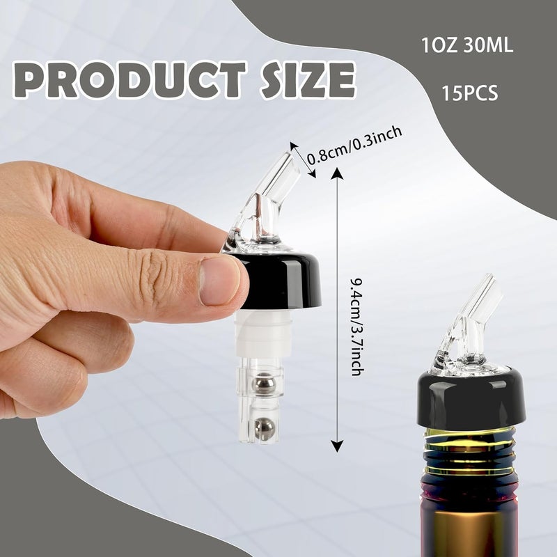 Swakuta 15 Pack Automatic Measured Liquor Bottle Pourers 1oz/30ml Quick Shot Spirit Dispenser with Dust Caps Wine Pourer Spouts for Alcohol Wine Cocktail Home Bar Bartending Tools (Clear) - Image 2